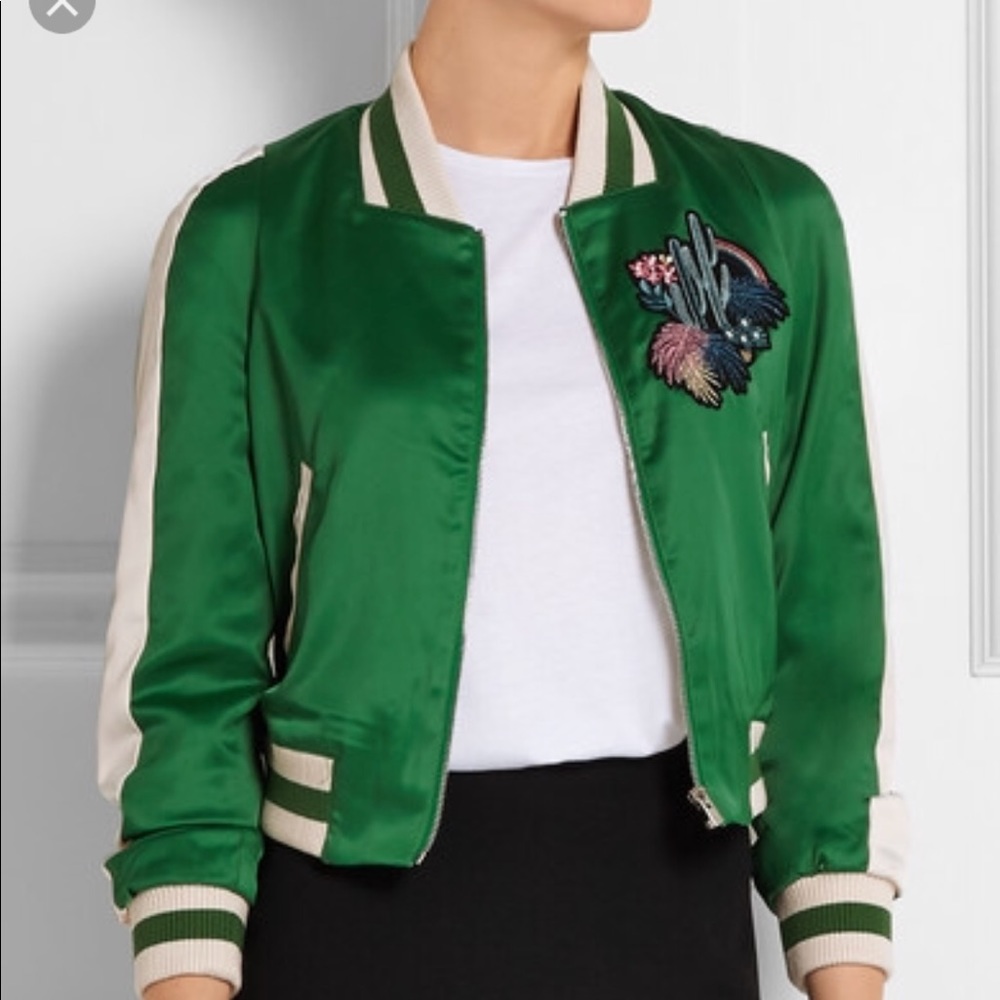 Maje Bacary Satin Varsity Jacket in Green